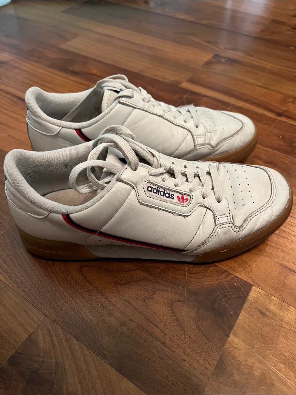 adidas White Leather Sneakers with Red Accent and Gum Sole